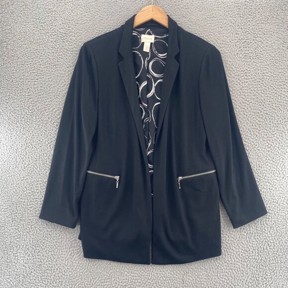 Chicos Jacket Womens 1 US Medium Black Coatigan Open Front Zip Pocket Stretch - Picture 1 of 10